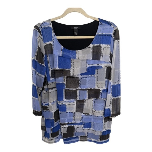 Alfani Blue Patchwork Mesh Sleeve Long Sleeve Plus Size 2X Blouse Abstract - Picture 1 of 5